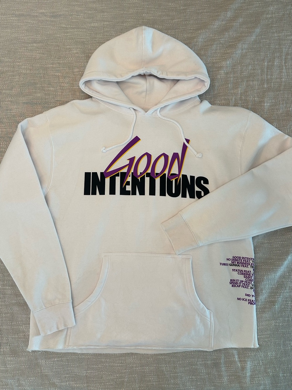 VLONE White Hoodie with Black & Purple 'Good Intentions' Graphic